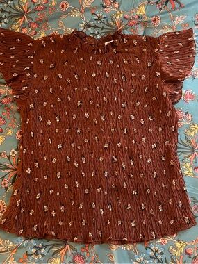 Smocked Rust Floral Ruffle Sleeve Blouse